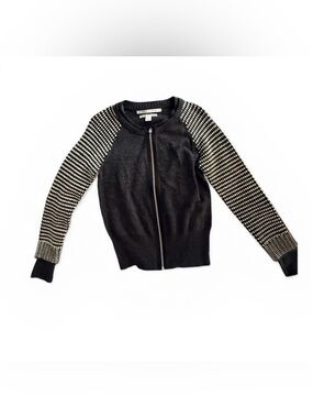 Max Studio Black Zip-Front Cardigan with Patterned Sleeves